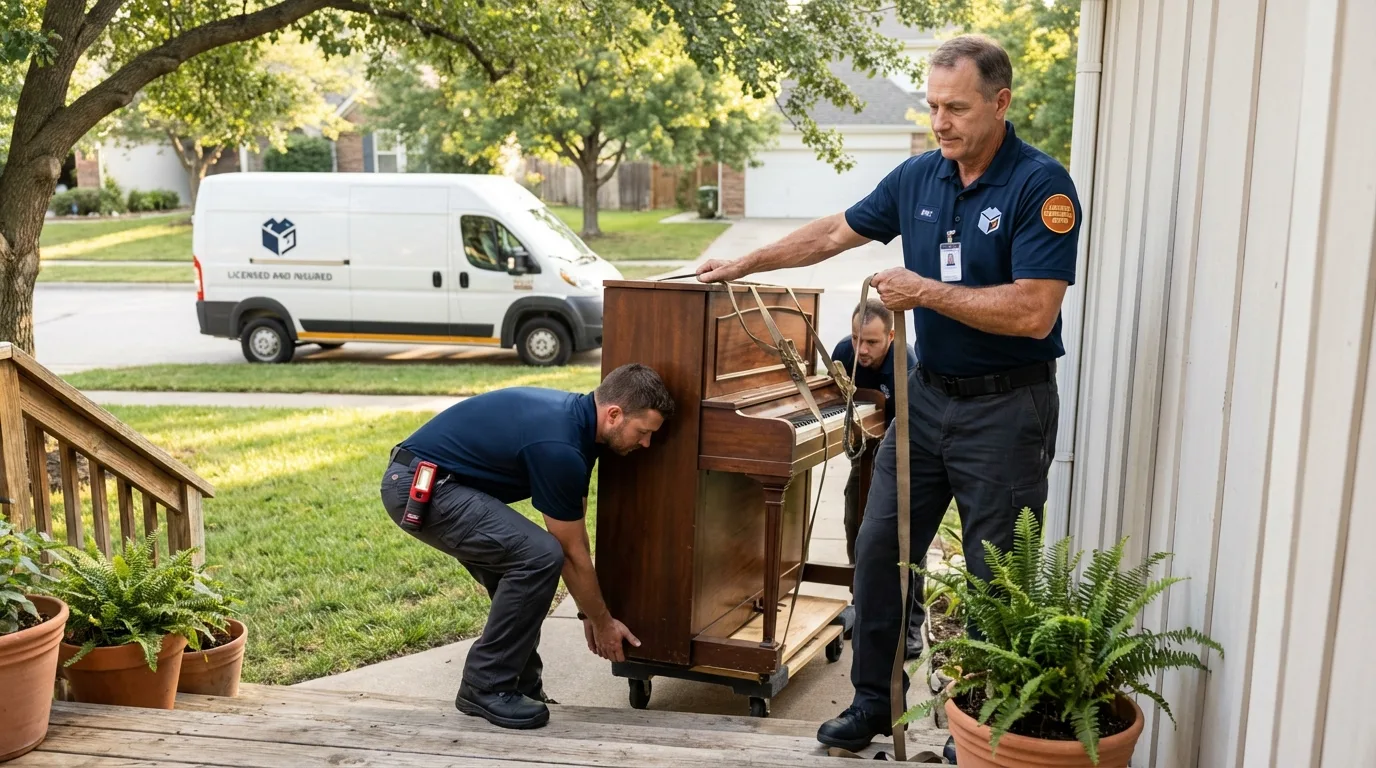 Licensed piano movers securing grand piano in Lawson, MO