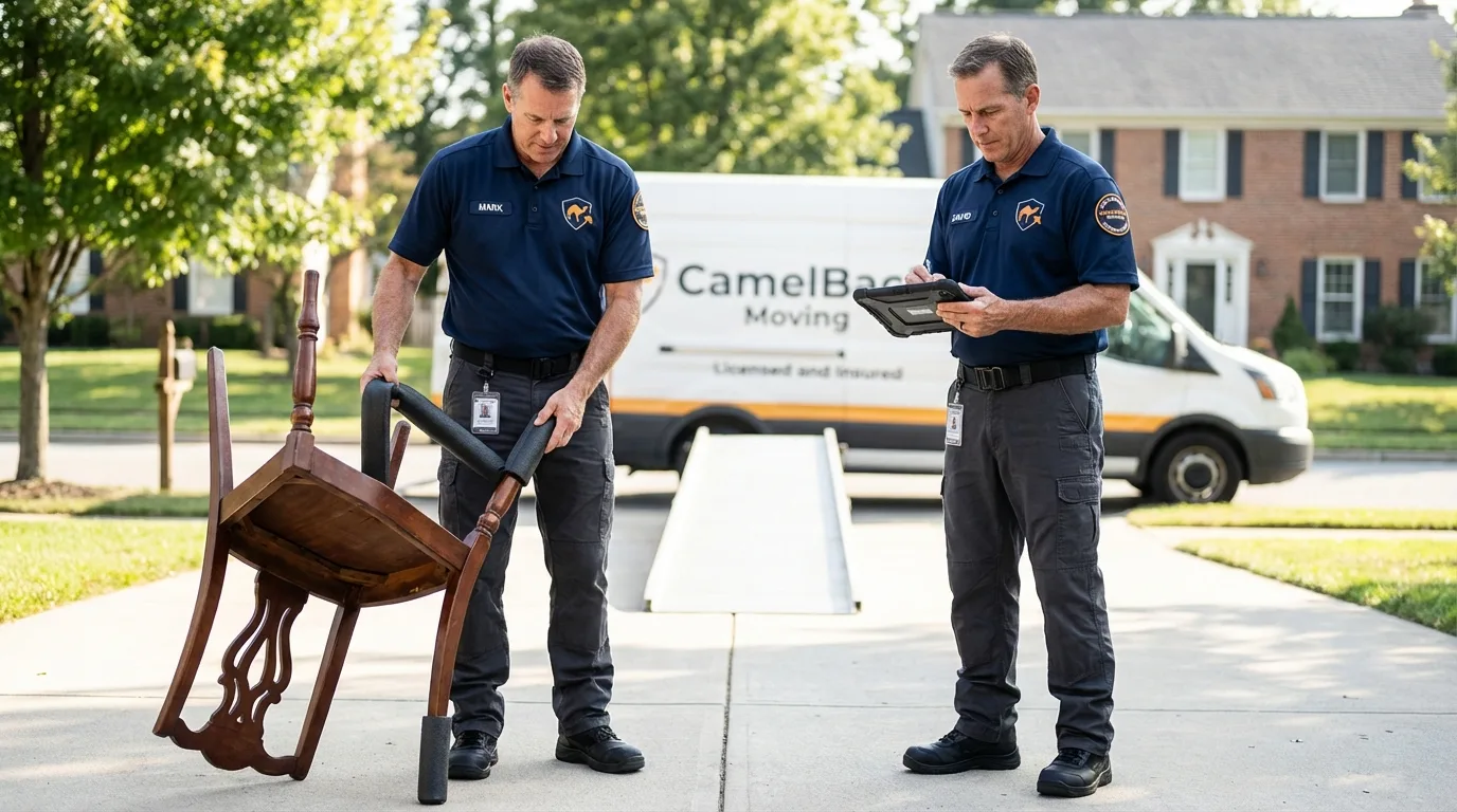 Movers inspecting furniture for damage prevention before loading in Lawson, MO
