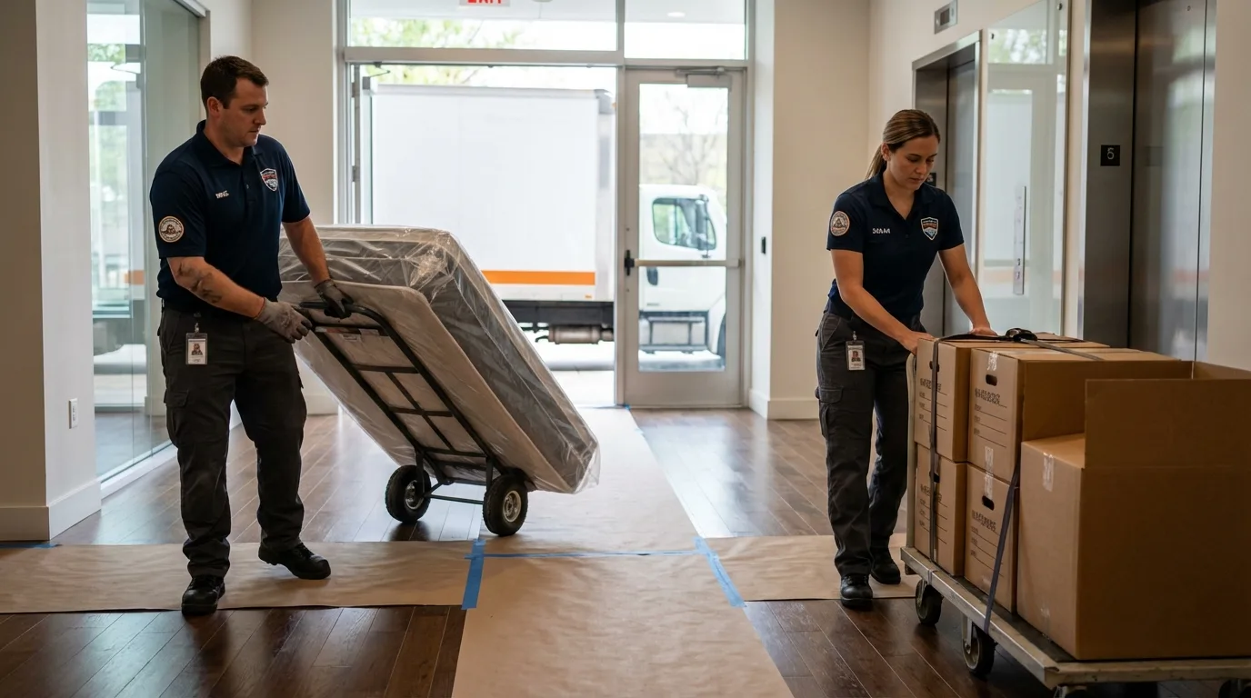 Professional apartment movers loading elevator in Lawson, MO