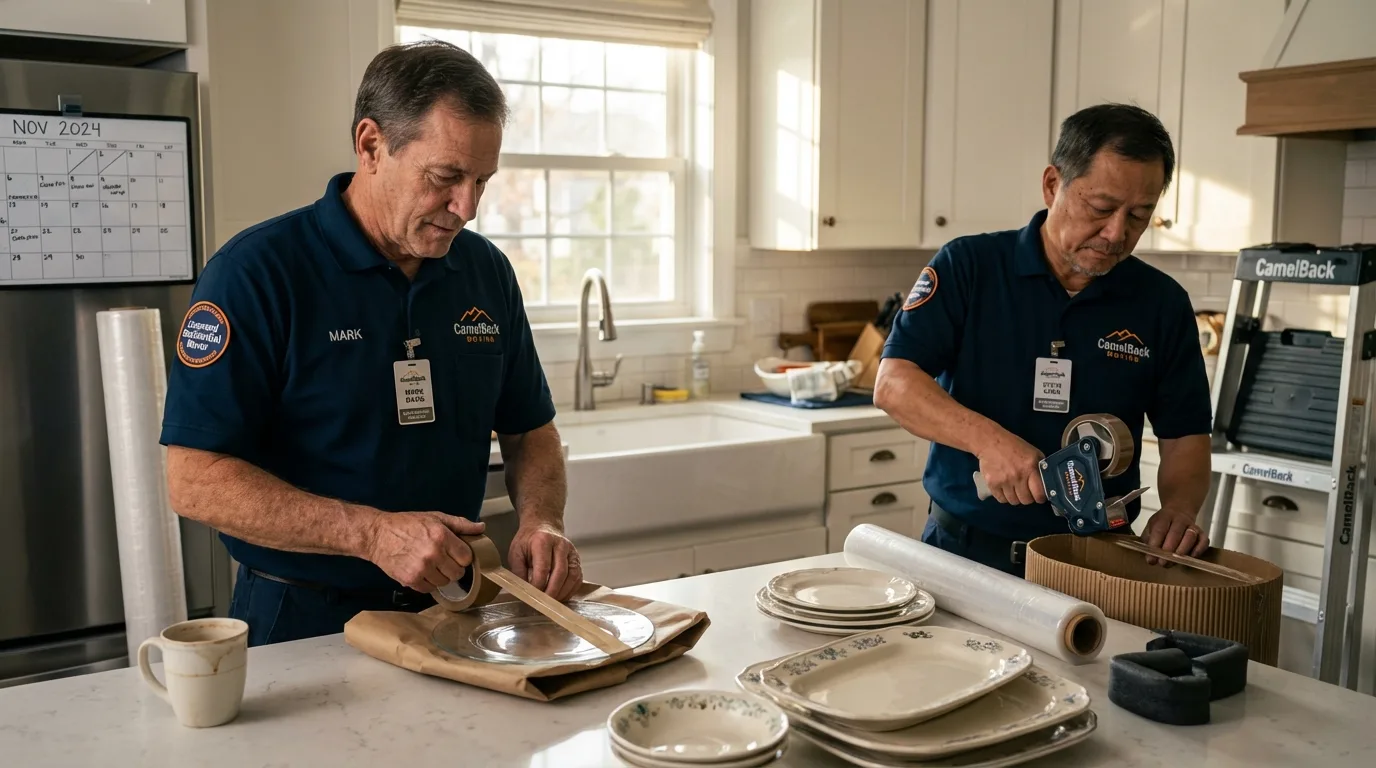 Professional crew packing kitchen dishware in Lawson, MO